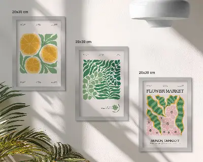 Bilderwand mit Obst- und Pflanzenmotiven in Pastellfarben
