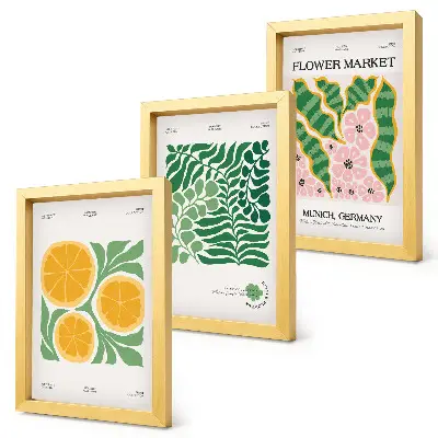 Bilderwand mit Obst- und Pflanzenmotiven in Pastellfarben