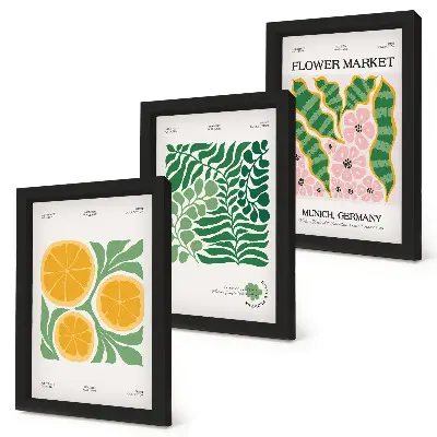 Bilderwand mit Obst- und Pflanzenmotiven in Pastellfarben