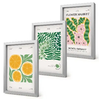 Bilderwand mit Obst- und Pflanzenmotiven in Pastellfarben