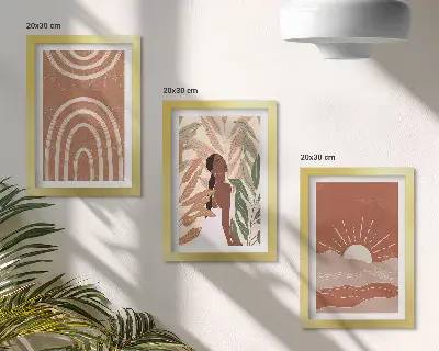 Fotowand mit abstrakten Formen und Illustrationen im Boho-Stil