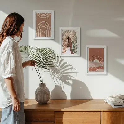 Fotowand mit abstrakten Formen und Illustrationen im Boho-Stil
