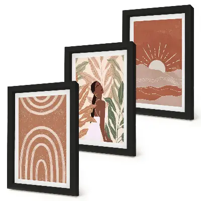 Fotowand mit abstrakten Formen und Illustrationen im Boho-Stil