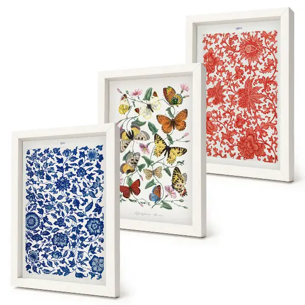 Bilderwand mit Vintage-Postern von Blumen, Schmetterlingen und Ornamenten