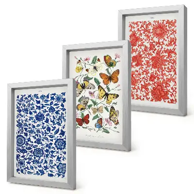 Bilderwand mit Vintage-Postern von Blumen, Schmetterlingen und Ornamenten