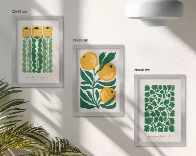 Bilderwand mit Pflanzenmotiven, Blumen und Blättern