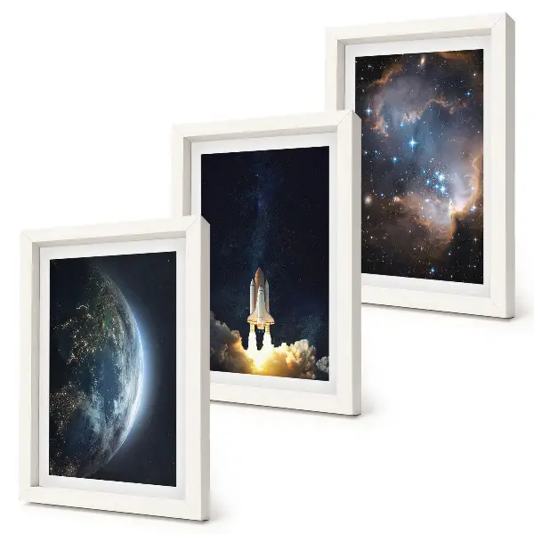 Bilderset mit Rahmen Weltraum-Motiv mit Erde, Rakete, Galaxie und Sternenhimmel