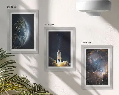 Bilderset mit Rahmen Weltraum-Motiv mit Erde, Rakete, Galaxie und Sternenhimmel