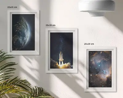Bilderset mit Rahmen Weltraum-Motiv mit Erde, Rakete, Galaxie und Sternenhimmel