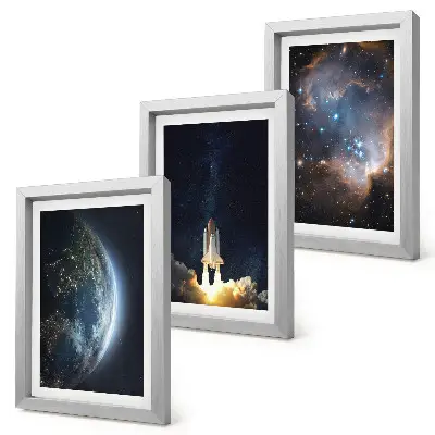 Bilderset mit Rahmen Weltraum-Motiv mit Erde, Rakete, Galaxie und Sternenhimmel