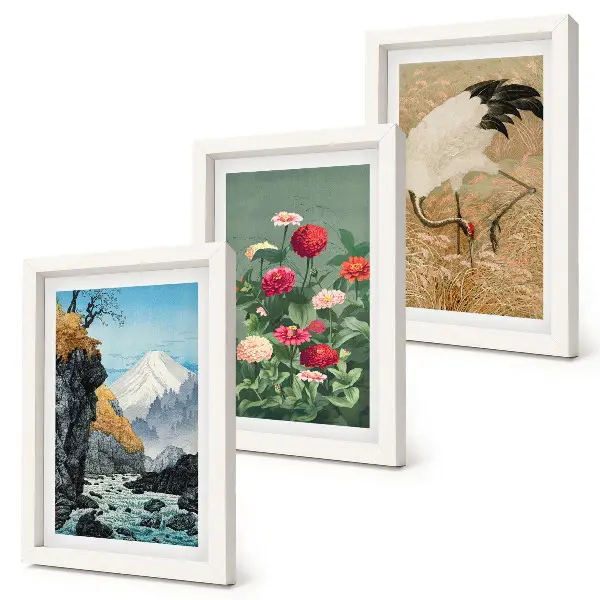 Fototapete Gebirgslandschaft mit Fluss, Blumen und Kranichen im Gras