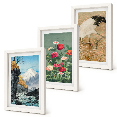 Fotowand Berge in der Landschaft, Fluss, Blumen und Kraniche im Gras