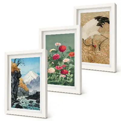 Fototapete Gebirgslandschaft mit Fluss, Blumen und Kranichen im Gras