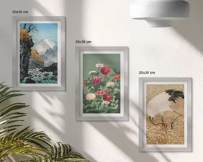 Fototapete Gebirgslandschaft mit Fluss, Blumen und Kranichen im Gras