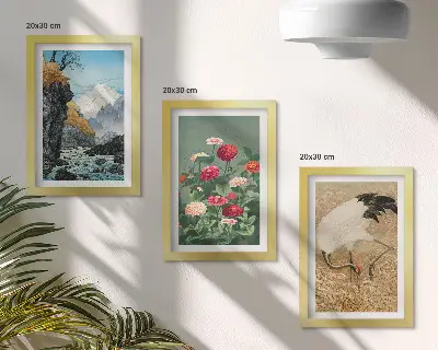 Fototapete Gebirgslandschaft mit Fluss, Blumen und Kranichen im Gras