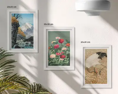 Fototapete Gebirgslandschaft mit Fluss, Blumen und Kranichen im Gras