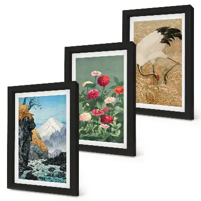 Fototapete Gebirgslandschaft mit Fluss, Blumen und Kranichen im Gras