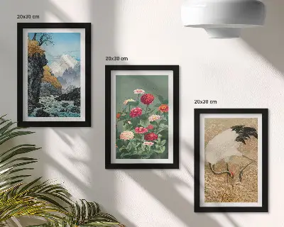 Fototapete Gebirgslandschaft mit Fluss, Blumen und Kranichen im Gras