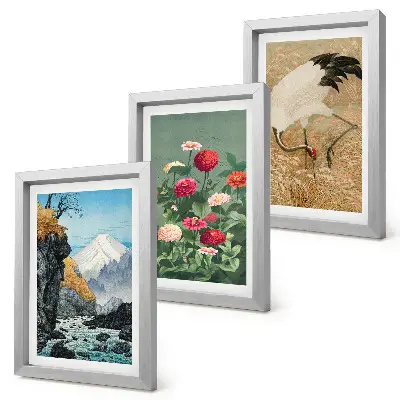 Fototapete Gebirgslandschaft mit Fluss, Blumen und Kranichen im Gras