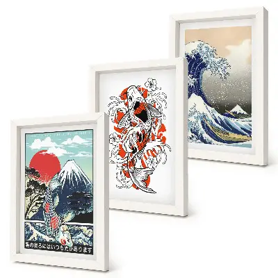 Bilderset mit Rahmen Illustrationen von Fischbergen und der Großen Welle vor Kanagawa im japanischen Stil