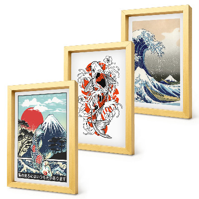 Bilderset mit rahmen Illustrationen von Fischbergen und der Großen Welle vor Kanagawa, japanischer Stil