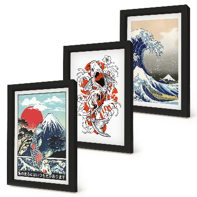 Bilderset mit rahmen Illustrationen von Fischbergen und der Großen Welle vor Kanagawa, japanischer Stil