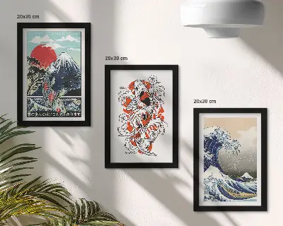 Bilderset mit Rahmen Illustrationen von Fischbergen und der Großen Welle vor Kanagawa im japanischen Stil