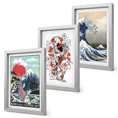 Bilderset mit Rahmen Illustrationen von Fischbergen und der Großen Welle vor Kanagawa im japanischen Stil