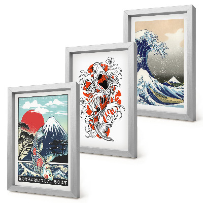 Bilderset mit rahmen Illustrationen von Fischbergen und der Großen Welle vor Kanagawa, japanischer Stil