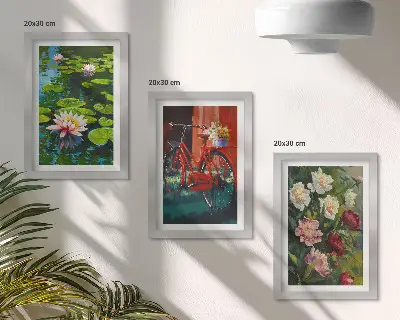 Bilderset mit Rahmen Seerosen auf dem Wasser, Fahrrad im Garten und bunte Blumen