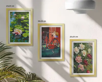 Bilderset mit Rahmen Seerosen auf dem Wasser, Fahrrad im Garten und bunte Blumen