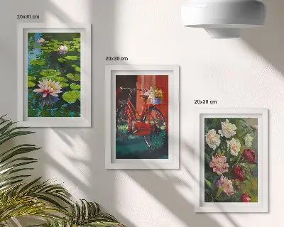 Bilderset mit Rahmen Seerosen auf dem Wasser, Fahrrad im Garten und bunte Blumen