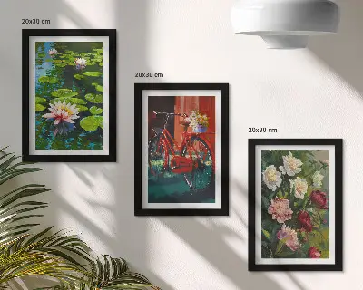 Bilderset mit Rahmen Seerosen auf dem Wasser, Fahrrad im Garten und bunte Blumen