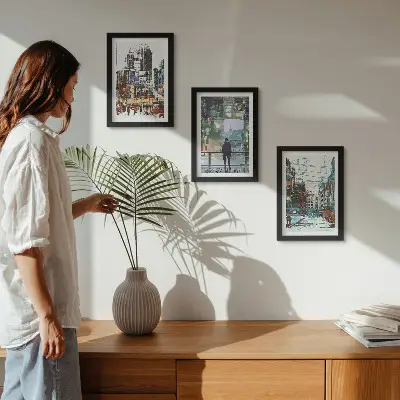 Fotowand moderne Städte in bunten Farben mit einer Figur im Hintergrund