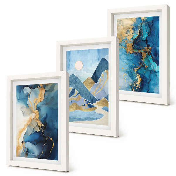 Bilderwand Blaue Berge mit abstrakten Musterelementen