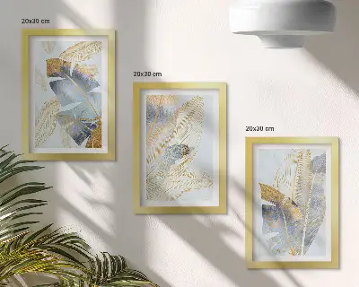 Fotowand mit Blättermotiv in Blau- und Beigetönen auf hellem Hintergrund