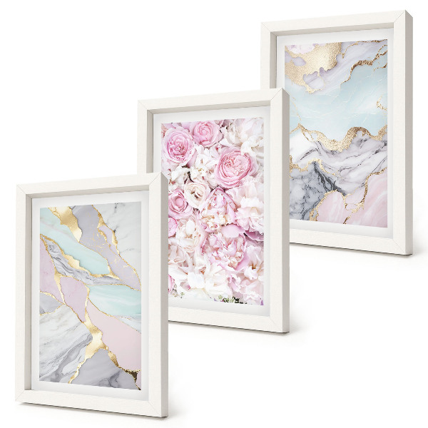 Bilderset mit rahmen Rosa Blumen mit Marmor- und Pastellmuster