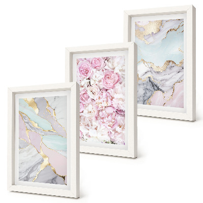 Bilderset mit rahmen Rosa Blumen mit Marmor- und Pastellmuster