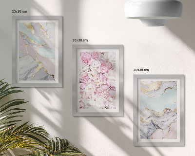 Bilderset mit rahmen Rosa Blumen mit Marmor- und Pastellmuster