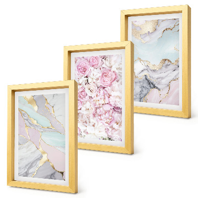 Bilderset mit rahmen Rosa Blumen mit Marmor- und Pastellmuster