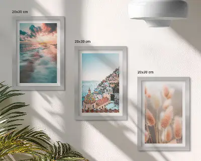 Bilderwand mit Meerblick, Sonnenuntergang, bunten Häusern und Blumen