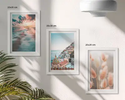 Bilderwand mit Meerblick, Sonnenuntergang, bunten Häusern und Blumen