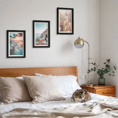 Bilderwand mit Meerblick, Sonnenuntergang, bunten Häusern und Blumen