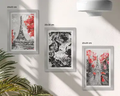 Fotowand mit grauem Eiffelturm-Gemälde und roten Akzenten