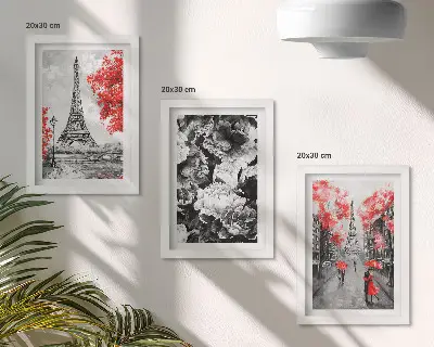 Fotowand mit grauem Eiffelturm-Gemälde und roten Akzenten
