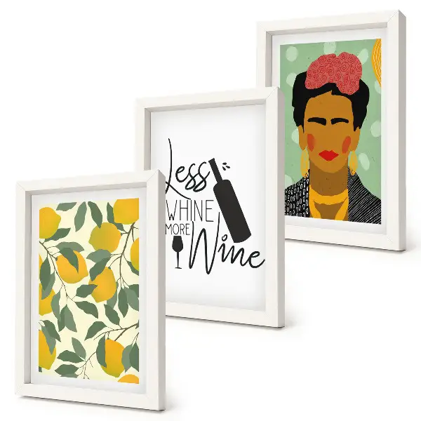 Bilderwand mit Zitronensprüchen über Wein und einem Porträt von Frida Kahlo
