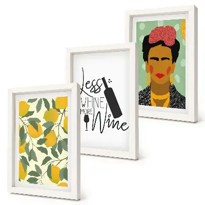 Bilderwand mit Zitronensprüchen über Wein und einem Porträt von Frida Kahlo