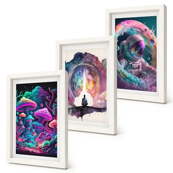 Bilderset mit Rahmen farbenfrohe Illustrationen im Fantasy-Stil