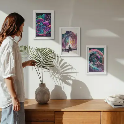 Bilderset mit Rahmen farbenfrohe Illustrationen im Fantasy-Stil