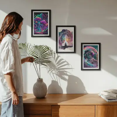 Bilderset mit Rahmen farbenfrohe Illustrationen im Fantasy-Stil